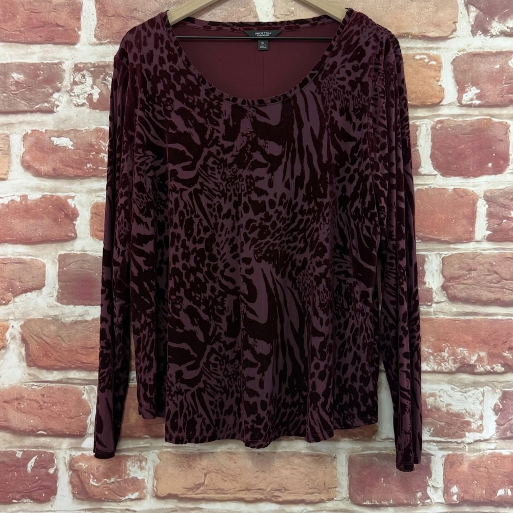 Simply Vera Wang Top Womens XL Burgundy Velvet Velour Animal Print Burnout Shirt